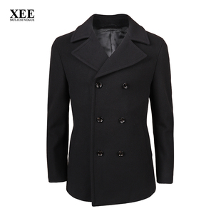 XEE商场同款 冬季黑色羊毛双排扣厚款大衣经典毛呢商务男上衣保暖