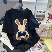 美式复古刺绣兔子短袖t恤女2023夏季设计感小众纯棉正肩上衣