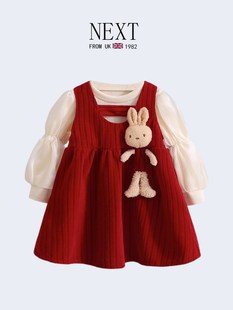 英国next女童装红色连衣裙套装，女宝宝儿童，春秋季长袖衣服周岁礼服