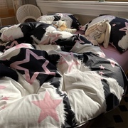 北欧风五角星针织棉四件套，水洗棉柔软裸睡，女生床单被套粉色三件套