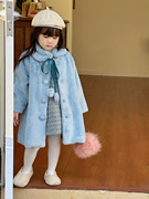 女童毛茸茸外套冬装洋气女宝宝夹棉加绒加厚棉袄冬季蓝色毛毛大衣