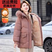 妈妈中长款棉衣外套中年女装加绒加厚棉袄中老年秋冬装带毛领棉服