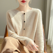 100%纯羊绒开衫女圆领，一线成衣提花长袖，针织衫毛衣宽松羊毛衫外套