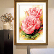 纯手工十字绣成品粉色玫瑰，送礼客厅大幅植物玄关，竖版花卉挂画出售