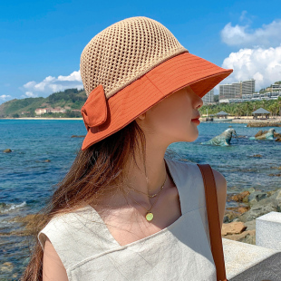 帽子女夏天蝴蝶结镂空渔夫帽，出游度假沙滩帽，骑车可折叠防晒遮阳帽