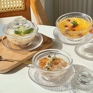 锤纹燕窝盅带盖玻璃碗，糖水碗甜品碗，套装透明中式碗碟套装金边家用