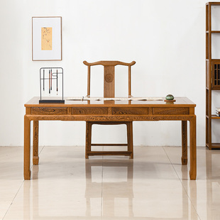 鸡翅木书桌新中式书法，桌带抽屉实木写字台红木，办公桌原木画案简约