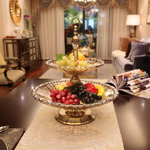 欧式玻璃双层果盘现代创意，水果盘干果盘，家用客厅茶几摆件奢华果盆