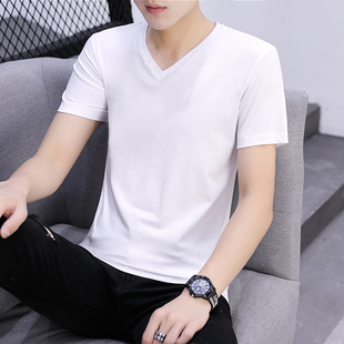 纯棉t恤男士短袖v领韩版潮流半袖纯色，夏季衣服体桖男装长袖打底衫