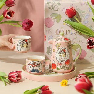 蓝莲花手绘茶具套装礼盒带茶盘，一体家用情侣，款下午茶陶瓷茶壶茶杯