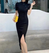 黑色改良复古旗袍裙子女2023年夏季时尚立领，修身气质泡泡袖连衣裙