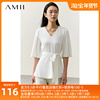 amii2023夏法式(夏法式)雪纺，衫女喇叭袖v领白色，衬衫设计感配腰带上衣