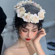 法式复古创意网纱礼帽手工甜美花朵发箍圆冠高级感婚纱造型头饰品
