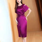 紫色礼服连衣裙女短袖2024夏季平时可穿高级感主持人婚礼宴会