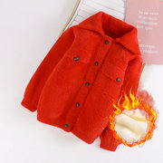 4岁6男童女童毛衣外套，开衫红色秋冬装，儿童宝宝加绒加厚水貂绒