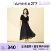 IAmMIX27法式V领连衣裙女时尚荷叶边拼接中长款短袖高腰网纱A字裙