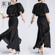 夏季薄款纯黑色2件套装女圆领套头灯笼短袖上衣拼接大裙摆长裙子