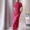 夏季红色蕾丝旗袍连衣裙修身中长款婚宴中年妈妈婆婆礼服日常可穿