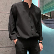 高级感v领长袖冰丝衬衣男垂感慵懒风夏季薄款黑色衬衫ins潮白寸衣