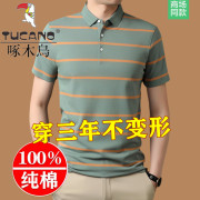 啄木鸟短袖t恤男中年纯棉高端夏季薄款翻领休闲宽松条纹polo衫潮t
