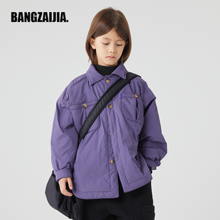 邦仔家童装2023冬款日系紫色夹棉衬衫工装口袋男童加厚外套