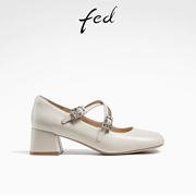 fed法式单鞋春季女鞋白色高跟鞋粗跟玛丽珍鞋女D0106-ZCA092
