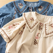 文艺小清新森女系娃娃，领花朵刺绣短袖衬衫，夏季设计感小众上衣
