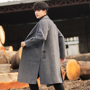 双面羊毛呢子大衣男中长款冬季韩版妮子外套加厚无羊绒人字纹风衣