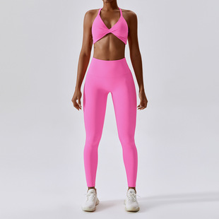 欧美裸感速干健身服套装女芭比粉性感瑜伽服两件套跑步运动装