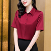 意冉高端真丝衬衫女短袖立领桑蚕丝纯色衬衣妈妈夏季红色上衣