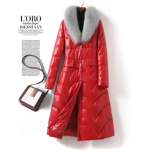 真皮衣女中长款修身大红色狐狸毛领气质冬季绵羊皮羽绒女外套