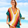 印花欧美彩虹条宽松针织镂空沙滩罩衫度假装比基尼泳衣外搭女