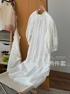 大张十八 轻法优雅风2件套 v领 纯白刺绣镂空泡泡袖连衣裙