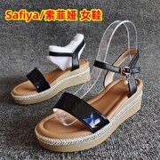 Safiya/索菲娅断码真皮女鞋露趾休闲坡跟厚底一字带凉鞋35码