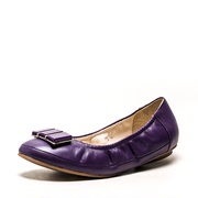 真皮女鞋子紫色羊皮单鞋圆头平跟蛋卷鞋复古方扣蝴蝶结RZ93SC2403