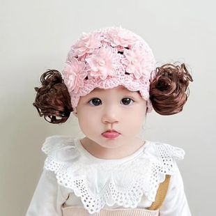 蕾丝花朵公主宝宝女童假发帽子婴儿柔软镂空手工针织假发帽0-2岁