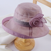 帽子女士遮阳帽桑蚕丝防晒帽卷边丝绸花朵，礼帽太阳帽妈妈渔夫帽正