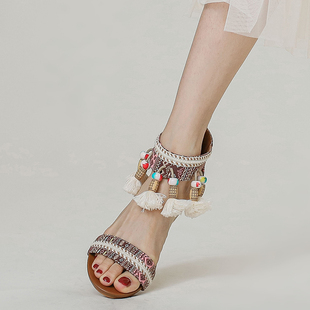 刺绣凉鞋女2024夏季波(夏季波)西米亚民族风复古流苏，罗马坡跟旅游女鞋