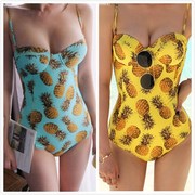 韩版菠萝图案少女小胸钢托聚拢泳衣女性感连衣泳衣比基尼