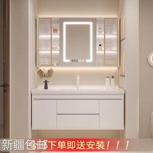 新疆奶油风实木陶瓷一体浴室柜组合卫生间台盆柜卫浴洗漱台洗