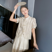 新中式国风上衣短袖女夏季高端立领，刺绣欧根纱，泡泡袖时尚短款衬衫