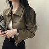 韩国chic春季法式复古简约纯色，显瘦百搭拉链翻领，麂皮绒夹克短外套