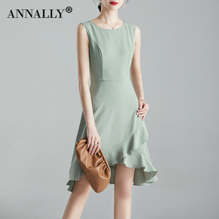 Annally夏装优雅修身显瘦背心裙绿色荷叶边无袖连衣裙女