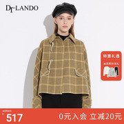 dtlando秋冬女格纹通勤时尚，百搭大气蝙蝠，袖皮扣羊毛短款大衣外套