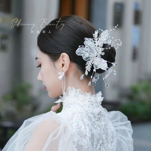 2022水晶花瓣头花发夹，仙美新娘婚纱头饰，高级跟妆盘发造型配饰
