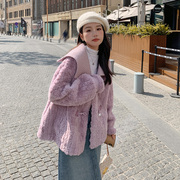 韩系小众设计短款皮毛一体羊羔毛外套(毛外套，)女冬季温柔风高级感上衣