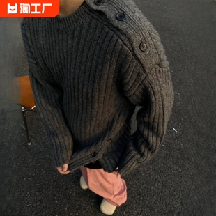 2024深灰色圆领短款慵懒风毛衣男生冬季设计高级感针织衫外套