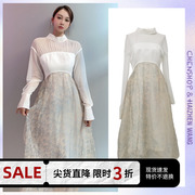 CHENSHOP设计师HAIZHEN WANG时尚简约拼接印花网纱高腰连衣裙