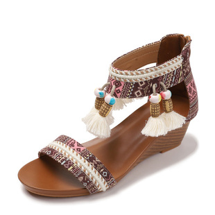 刺绣凉鞋女2024夏季波(夏季波)西米亚民族风复古流苏罗马坡跟旅游女鞋