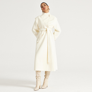 YDZC买手店设计师KIKI CHAU白色立领廓形双面呢羊毛大衣长款外套
